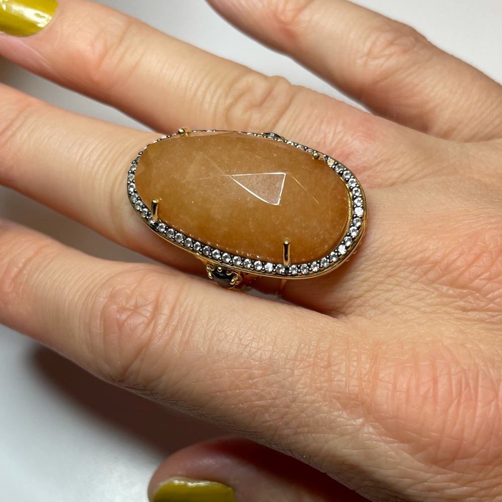 Orange Quartz, White Topaz Ring with Black Spinel Size 7